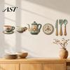 Non Residue Wall Stickers 7Pcs 2D Flat Kitchen Wooden Decor, Retro Teapot Tableware Themed Easy To Apply Decor Art, Self?Adhesive Plaques for Dining