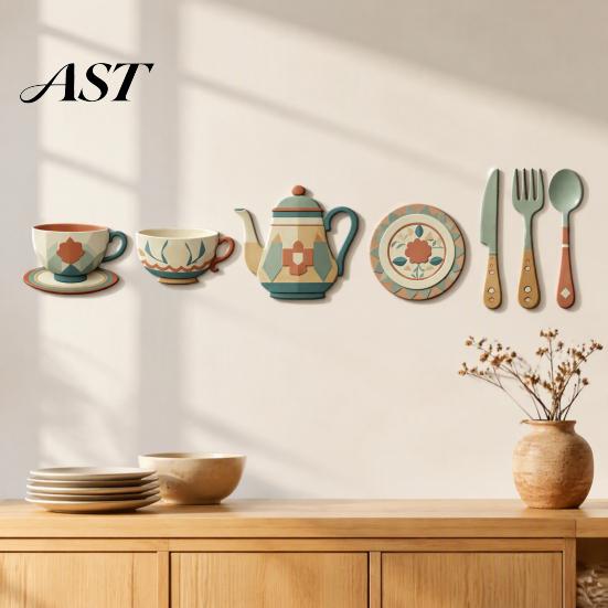 Non Residue Wall Stickers 7Pcs 2D Flat Kitchen Wooden Decor, Retro Teapot Tableware Themed Easy To Apply Decor Art, Self?Adhesive Plaques for Dining
