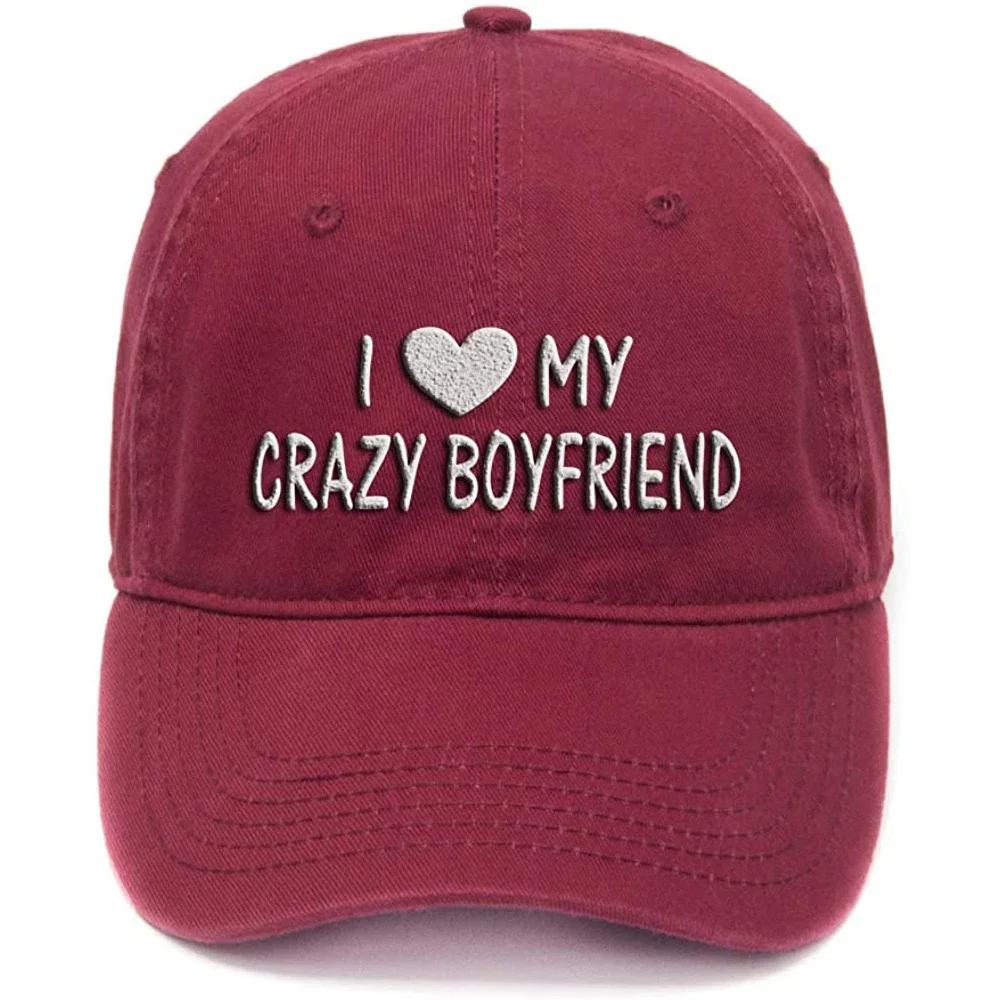 Lyprerazy I Love My Crazy Boyfriend Funny Washed Cotton Adjustable Unisex Women Unisex Hip Hop Cool Flock Printing Baseball Cap