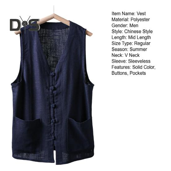 Men Summer Vest Single-breasted Retro Chinese Style Knot Buttons Loose Sleeveless V Neck Patch Pockets Pure Color Casual Top