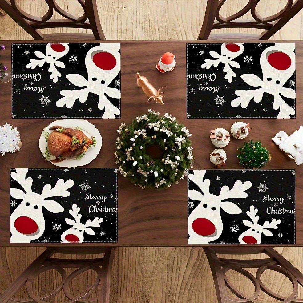 4pcs Linen Placemats, Christmas Reindeer Theme Decorative Placemats 12x18 Inches, Suitable for Home Kitchen Dining Table Decoration, Holiday Party
