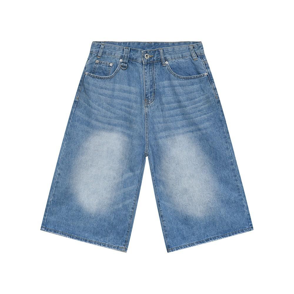 Jeans da Uomo Vintage Estivi Larghi Maschili a Gamba Larga Corti al Ginocchio Lavati Moda Denim Pantaloni