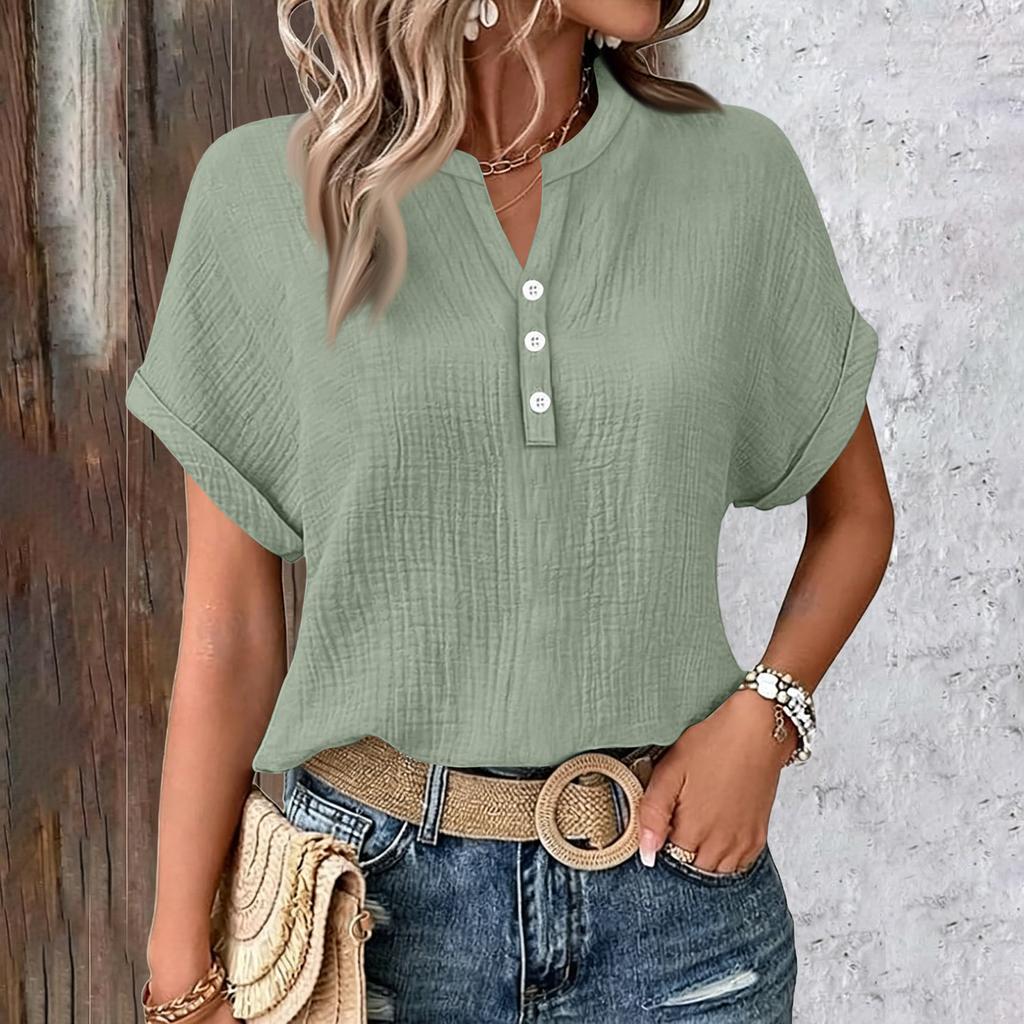 Womens Summer Tops Casual Button V Neck Short Sleeve Shirts Loose Pullover Tops Oversized Lightweight Blouses