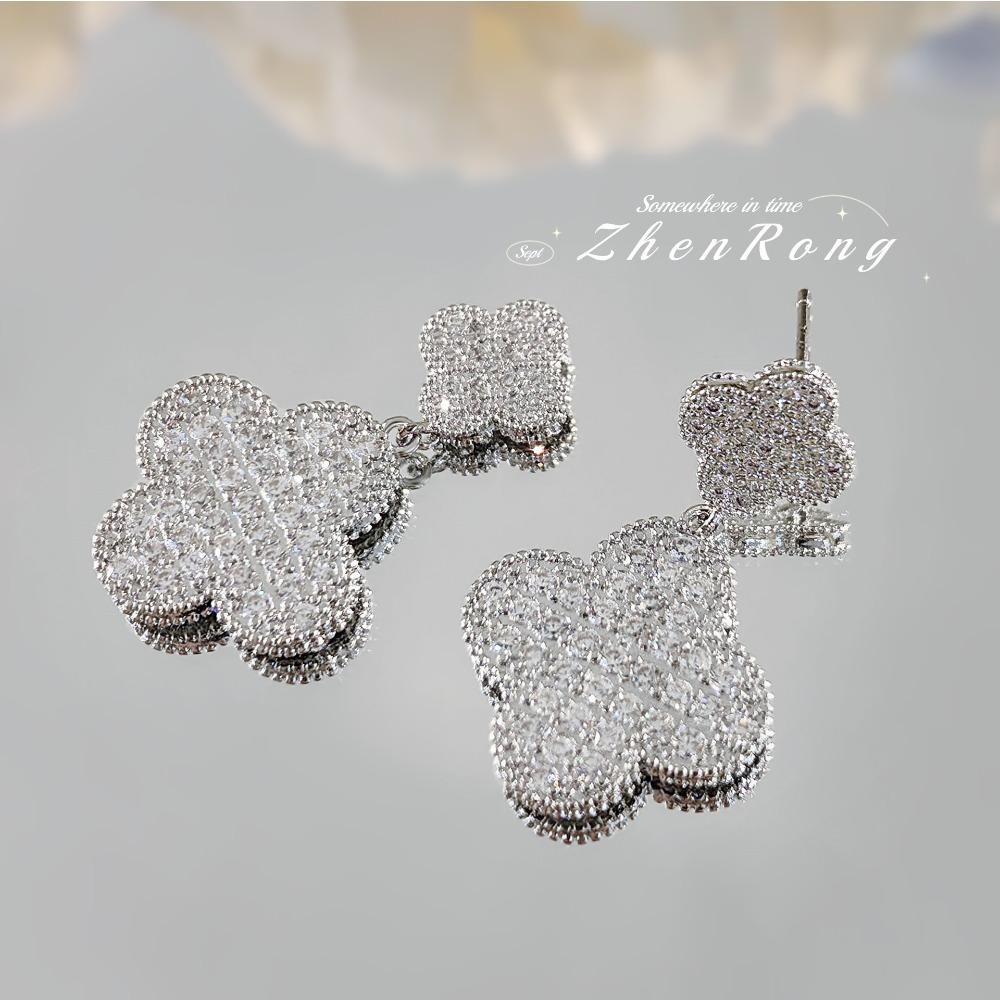 Luxury Four Leaf Clover Earrings with Full Diamonds Elegant Long Drop Earrings for Women Fashion Jewelry