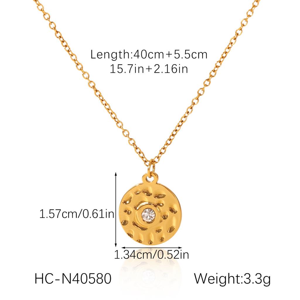 Hammered Texture Titanium Steel Necklace With Diamond Inlaid Eight Pointed Star Pendant On Round Plate Fashion High End Jewelry