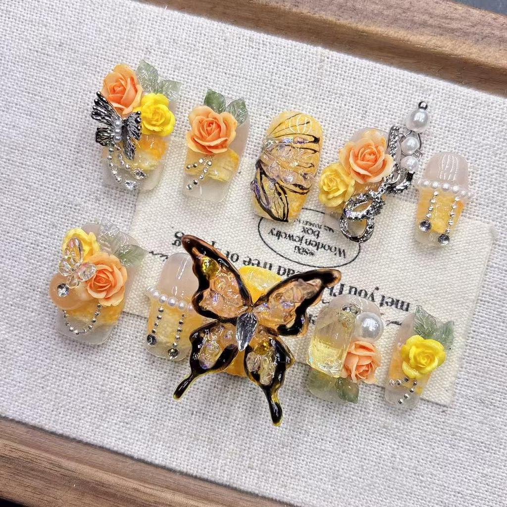 Yellow Butterfly Elegant Almond-Shaped Handmade Fake Nail Tips
