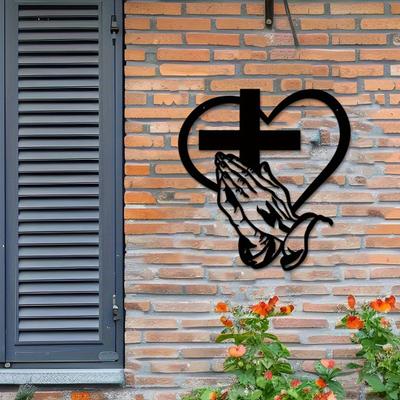 Letrero de Pared Manos Orando Corazón Cristiano Arte de Pared Metálico Negro Señal Decorativa Religiosa de Oración para Sala de Estar Patio Casa de Campo