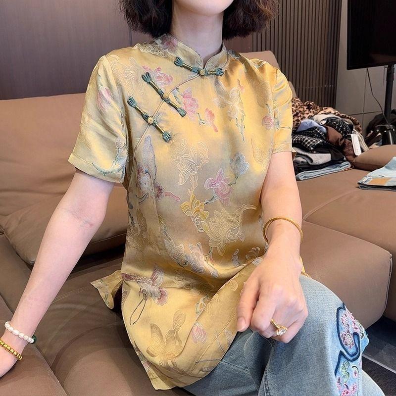 2025 summer retro luxury yellow printed shirt mother style daily wear shirt