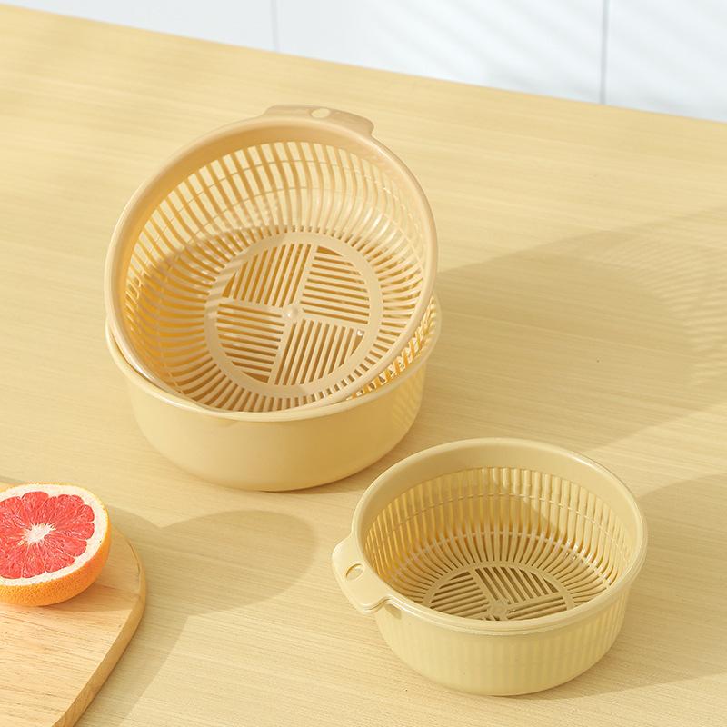 Vegetable Basin Plastic Double-Layer Drain Basket Leaky Basin Rice Vegetable Blue Vegetable Basin Household Kitchen Fruit Plate