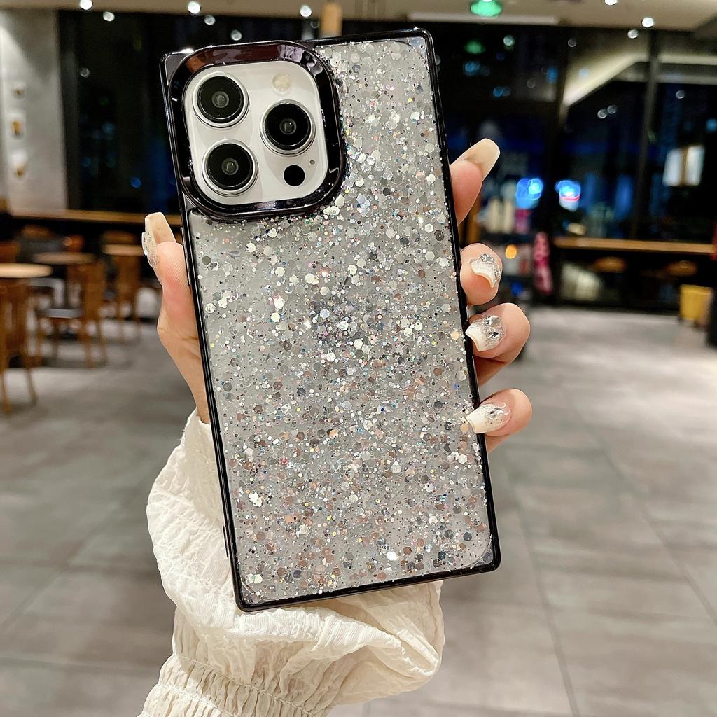 Electroplated square Epoxy sequin glitter iPhone16Promax mobile phone case for Apple 14Pro protective case