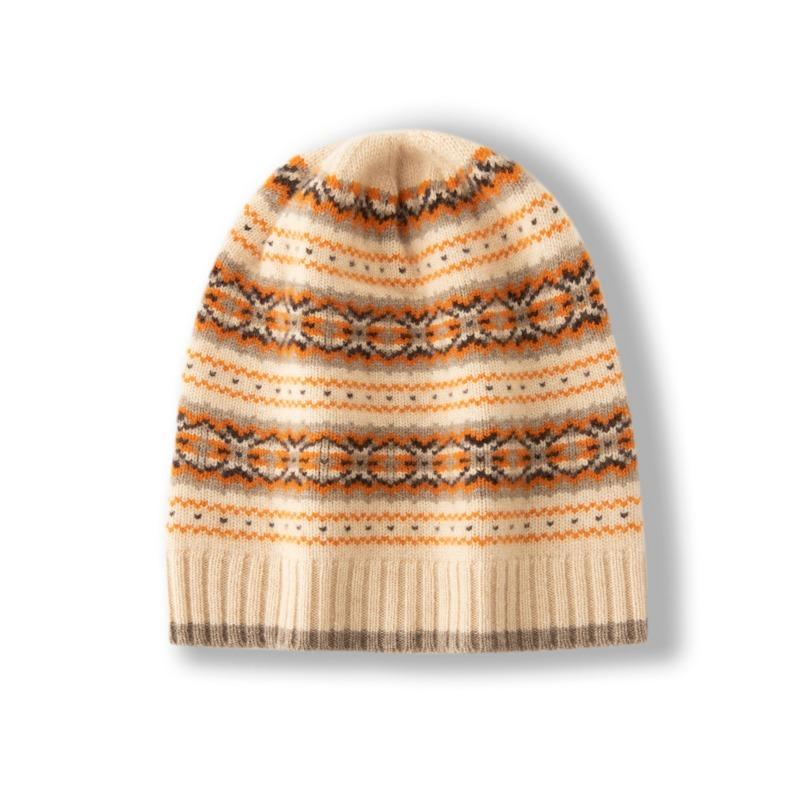 Women 100% Pure Cashmere Beanie Hat Fair Isle Knit Pattern Winter Warm Soft Slouchy Skullies Cap Cold Weather Accessory