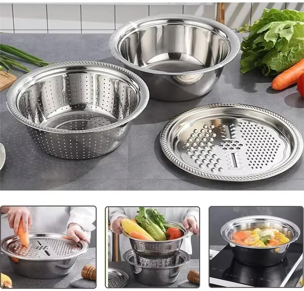3PCS/1Set Stainless Steel Basin Vegetable Grater  Potato Slicer, Vegetable Washing Basin, Drain Basket, Multifunctional