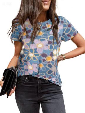 Crew Neck Short Sleeve Retro Colorful Floral Print T Shirt Women's Outfits Casual Daily Wear Lady Loose T-shirts Summer  New Tee
