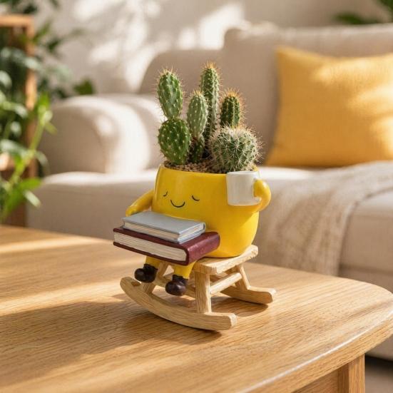 DYS Rocking Chair Plant Pot, Cute Smiling Face Planter, Resin Flowerpot with Drainage Hole for Succulents Indoor Plants