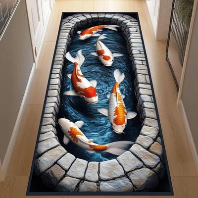 2D Koi Fish Pond Runner Rug for Hallway Corridor Non-Slip Underwater Stone Stream Durable Indoor Floor Mat Artistic Asian Carpet