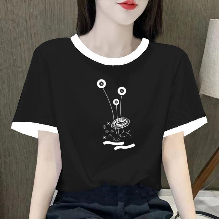 

100% cotton round neck t-shirt women s short-sleeved summer new black and white spliced top 2XL чорний