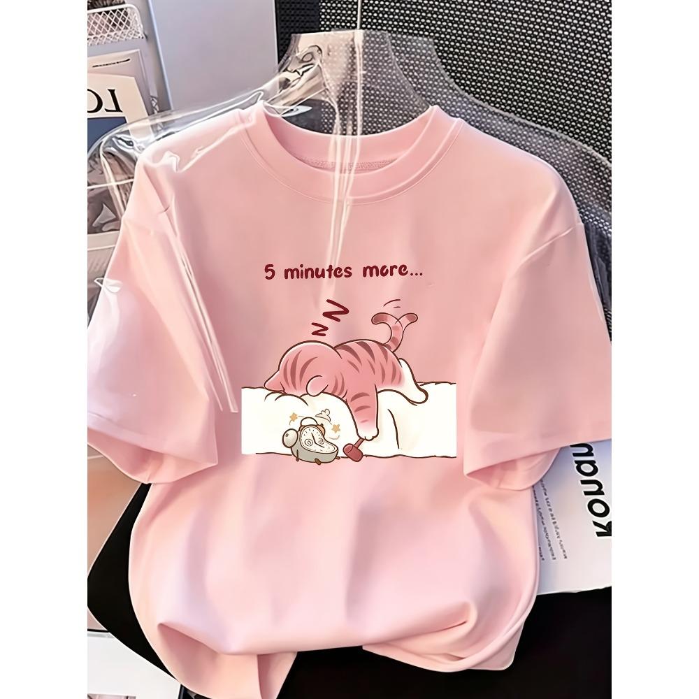 Ladies' Summer Round Neck Short Sleeved T-shirt with "Sleeping Cat" English Letter Print, Fashionable Street Style Casual Top