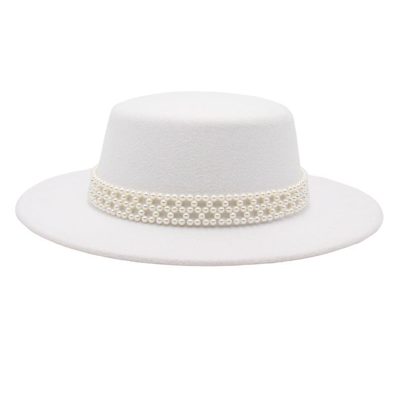 French Top Hat Female Hepburn Shade Felt Hat Bride Wide Brim Jazz Hat Pearl Chain Woolen Hat Black