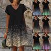 Spring Summer Women V Neck Causal Elegant Dress Casual Oversized Short Sleeve Loose Gradient Print Knee Length Dress