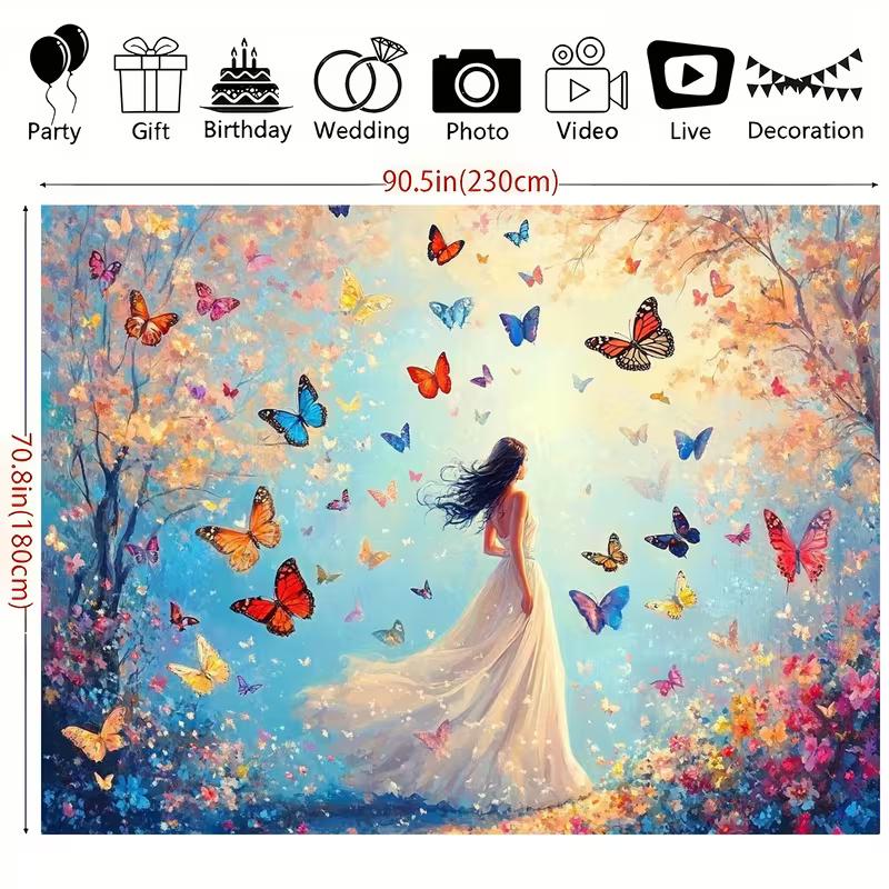 2D Girl In White Dress with Butterflies Photography Background Cloth