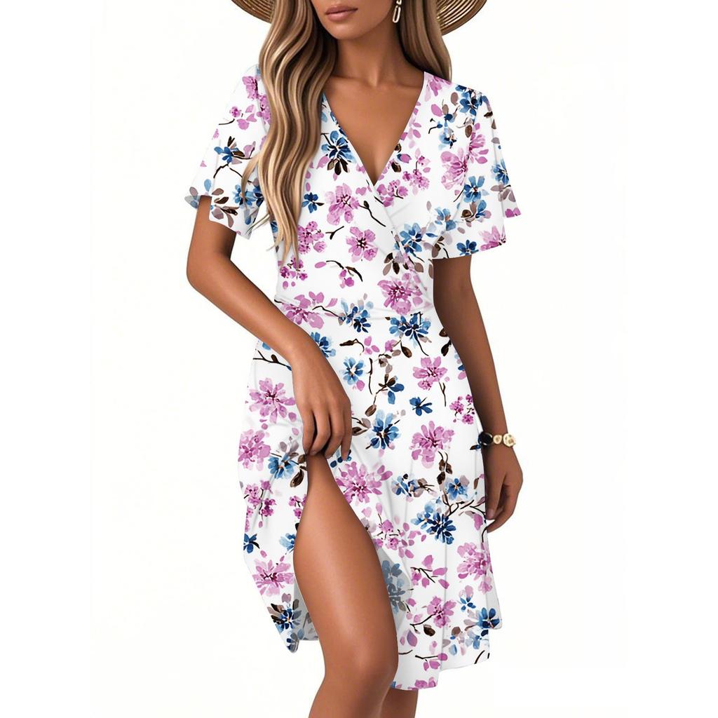 Women's Fashion Short Sleeve Wrap Sundress V-Neck Floral Print Dresses