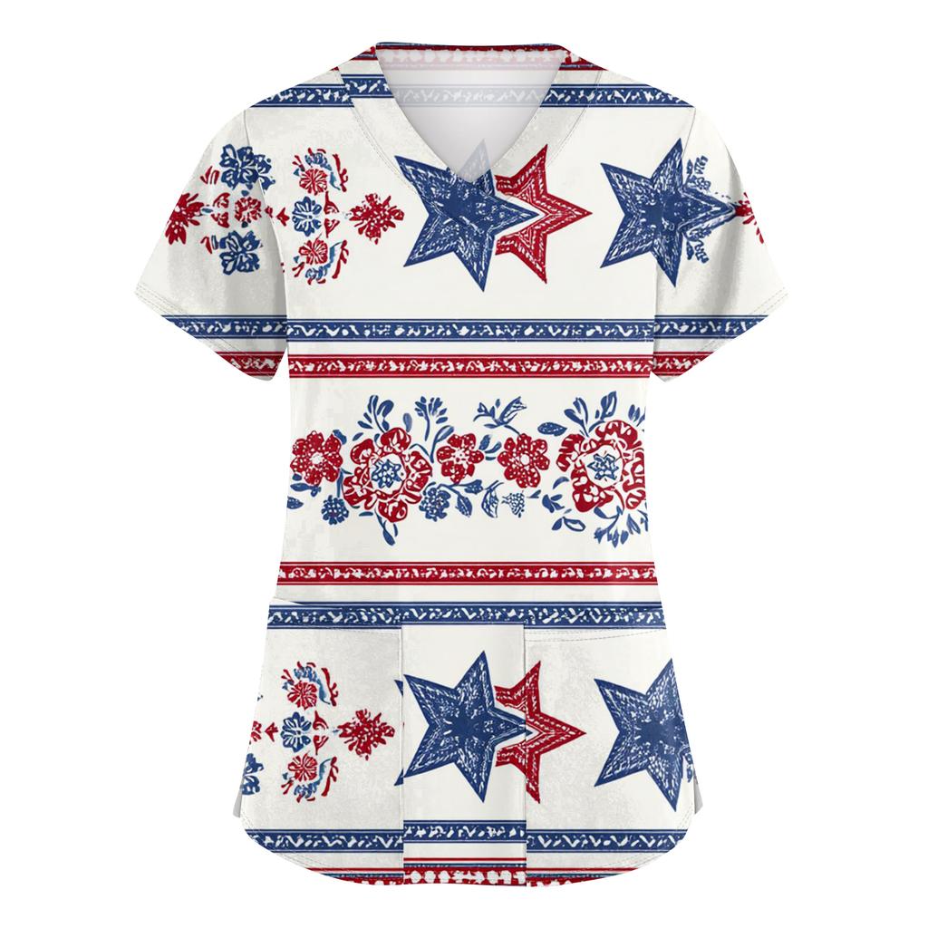 Women's Fashionable V-Neck Short-Sleeved Work Top With Pockets And Independence Day Print  Uniform