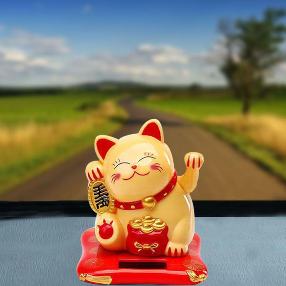 Solar Powered Maneki Neko Lucky Cat Waving Arm Welcoming Beckoning Fortune Home Office Car Decoration Ornament Accessiores