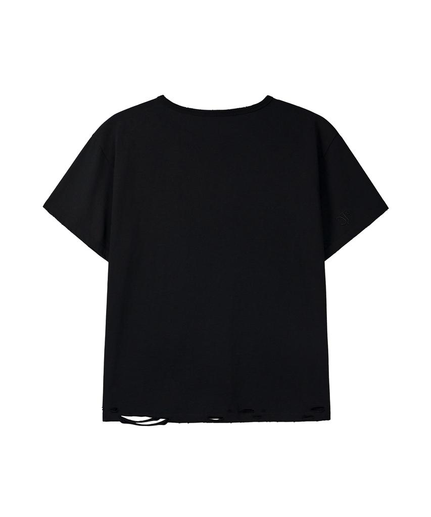 KODEOBEULTEIJI Damaged Crop Short Sleeve T-Shirt - Black