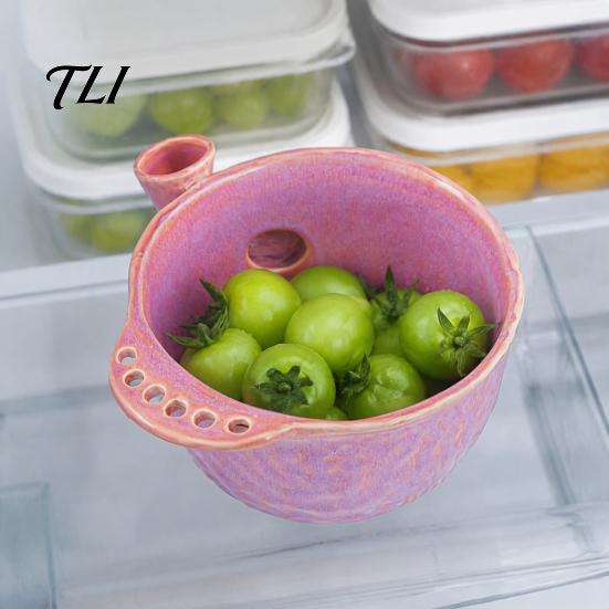 Strawberry Washing Tool Ceramic Berry Bowl with Drainage Hole, 360 Degree Self Rinse Basket Rinsing Fruit Bowl, Fresh Vegetable Cleaning Strainer