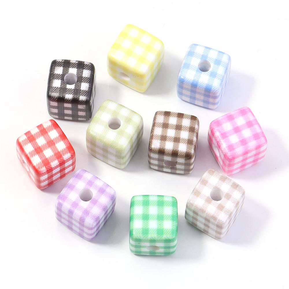 

10pcs 14mm Plaid Acrylic Square Beads Colorful Cube Loose Spacer Bead For Jewelry Making DIY Necklace Bracelet Keychain Supplies