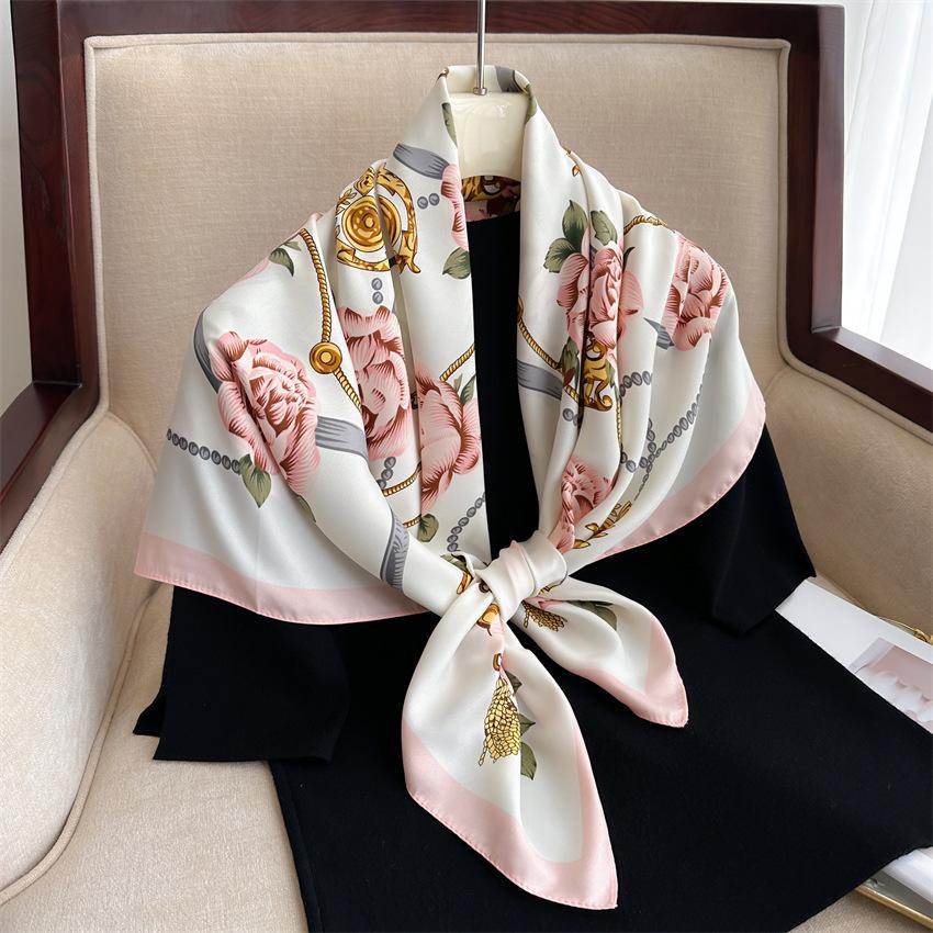 90cm Floral Print Silk Square Scarf Women Luxury Satin Shawls Neckerchief Wrap Scarves Bandana Hair Hjiab Bohemian