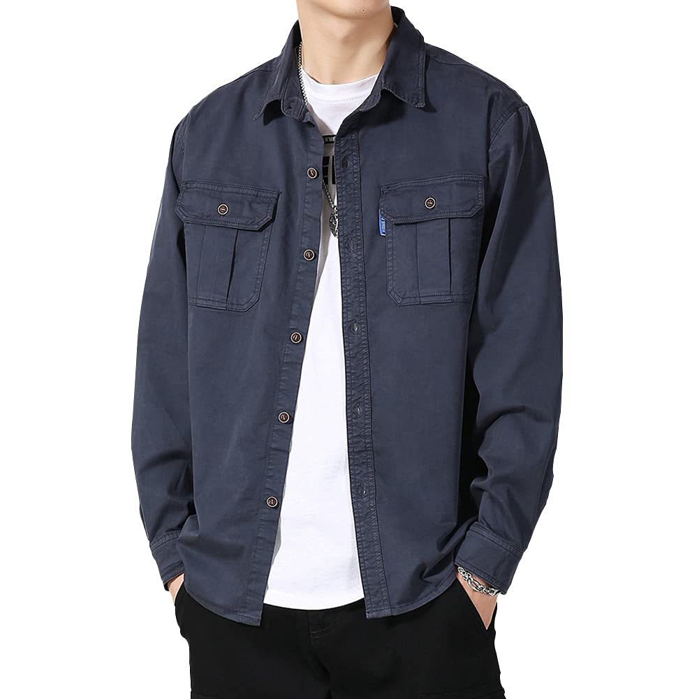 Netero Militær Lang Ensfarget Fritidsskjorte med Egnet for og Sommer Herreskjorte, Erme, Bomull, Farge, Arbeid, Cargo, Lommer, Marineblå, BL821-NAVY-XL,