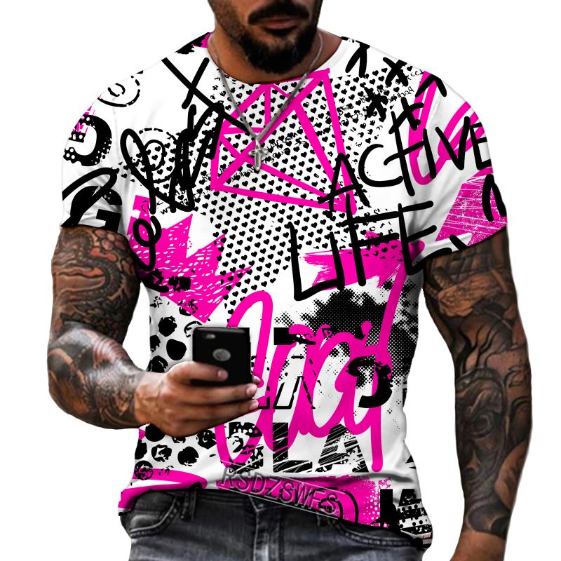 New Design Men's T-shirt Iron Chain Black and White Colorful Painting Style Short Sleeve T-shirt High Quality Fat