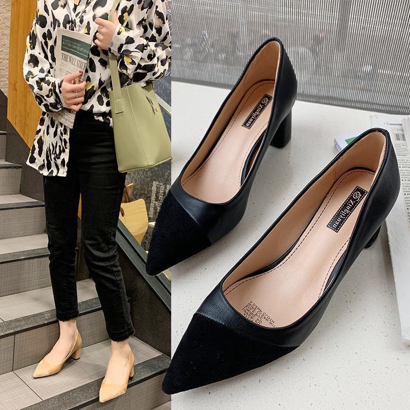 New Women's Pointed Toe Thick Heel Professional Shoes Shallow Mouth Medium Heel Non-tiring Fashion Shoes