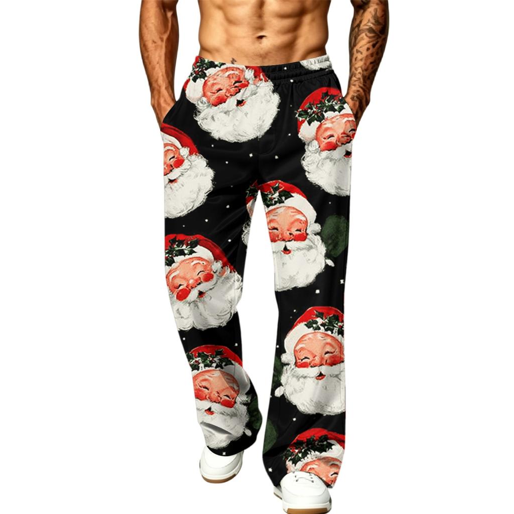 Men's Fashion Casual Loose Wide Leg Christmas Print Sweatpants with Pockets for Holiday