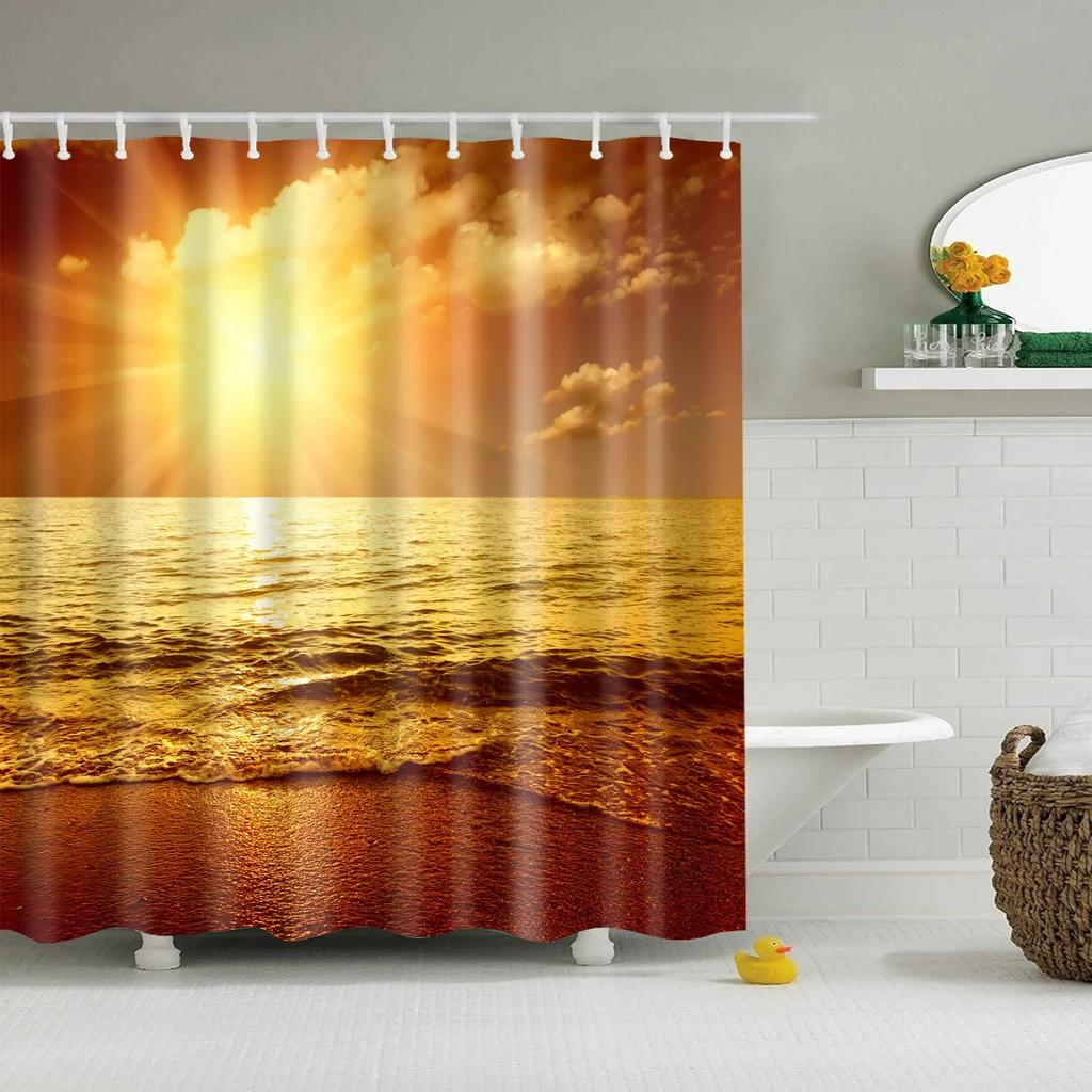 Blue Sky Beach Shower Curtain Modern Scenery Print Bathroom 3D Blackout Curtain Large 180x200cm for Bathroom