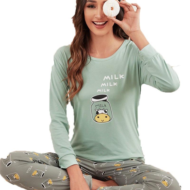 Fresh Homewear Pajamas Women's Round Neck Long-sleeved Trousers Milk Silk Autumn Round Neck Pullover Suit