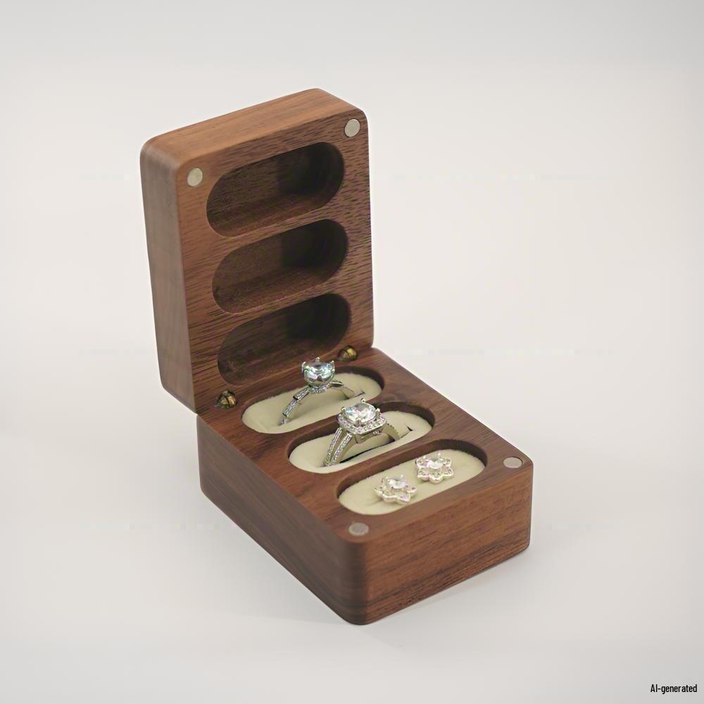 Black Walnut Wood Ring/Earring Storage Box, Three Anti-Oxidation Slots