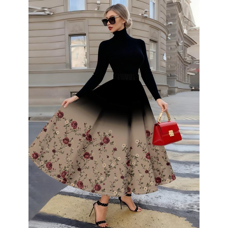 Women's A-Line Midi Skirt with Gradient Black Burgundy Rose Print Vacation Style High Waist Pleated Summer Skirt for Ladies