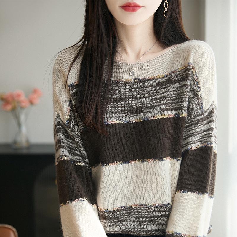 Dámský pletený svetr s kulatým výstřihem a barevným blokovým pruhem ve velkých velikostech - Dlouhý rukáv, volný střih na podzim/zimu.