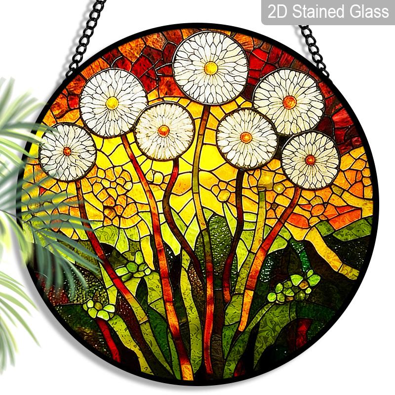 2D Flat Stained Glass Flower Window Decoration Colored Glass Plate, 7.87inches Hanging Ornament with Chain, Charming Spring Summer Sun Catcher Home