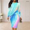 Women Plus Size Round Neck Long Sleeve Colorful Printed Bodycon Midi Dress