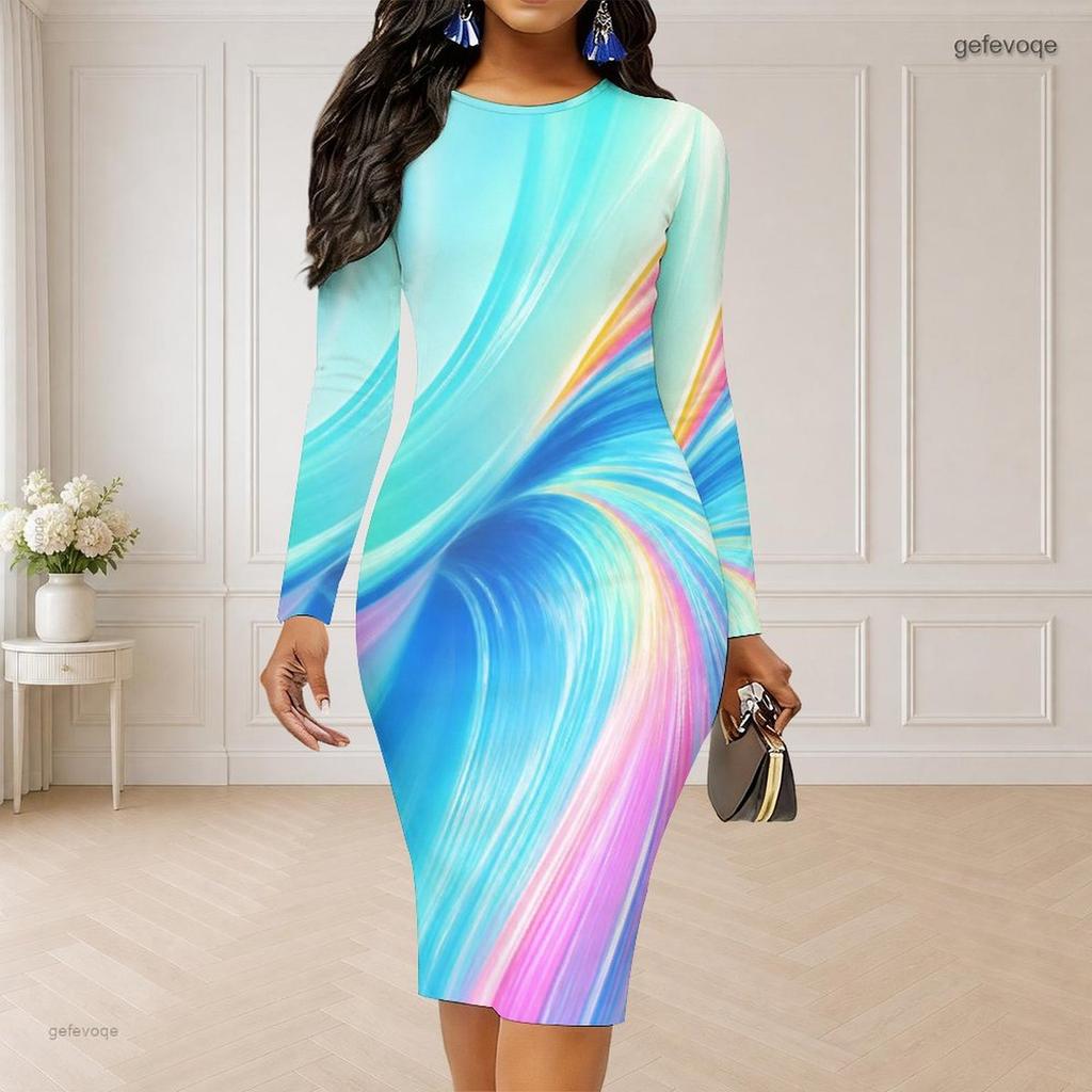 Women Plus Size Round Neck Long Sleeve Colorful Printed Bodycon Midi Dress