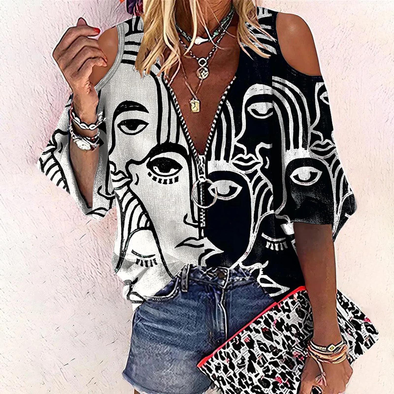 

Женская повседневная модная футболка с длинным рукавом и застежкой-молнией с открытыми плечами, пуловер, футболка, топ чёрный