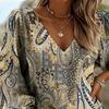 Printed Retro Western Style Shirt | V-neck Women's Vintage Floral Print Long-sleeved Top, Bohemian Style Lantern Sleeve Design