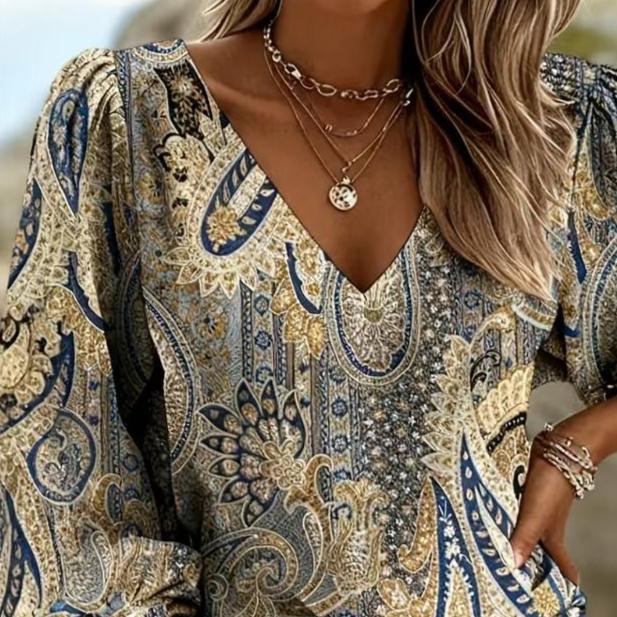 Printed Retro Western Style Shirt | V-neck Women's Vintage Floral Print Long-sleeved Top, Bohemian Style Lantern Sleeve Design