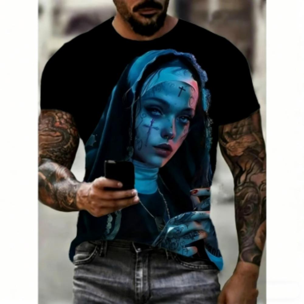 Summer Dark Nun 3D Printed T-Shirt For Men Mysterious Cool Pattern Tees Summer Casual Round Neck Short Sleeve Tops Street Tee Shirts
