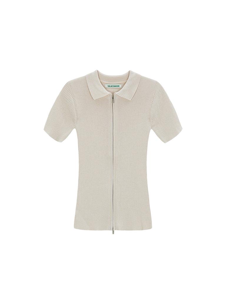 SALAD BAGUNI Two-Tone Collared Neck Two-Way Knit Zip-Up - Beige White