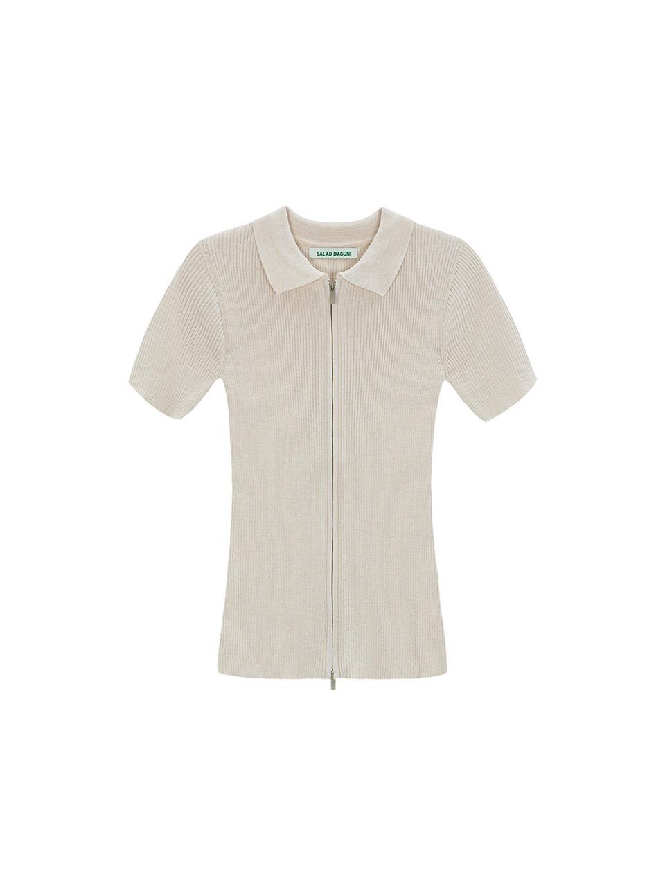 Salad Basket Two-Tone Collared Neck Two-Way Knit Zip-Up - Beige White