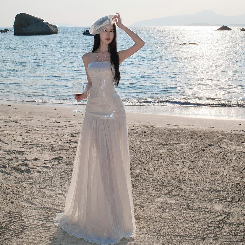 Seaside Vacation Long Dress High Sense Socialite Dress Mopping Mesh Skirt Tube Top Sequined Dress Women